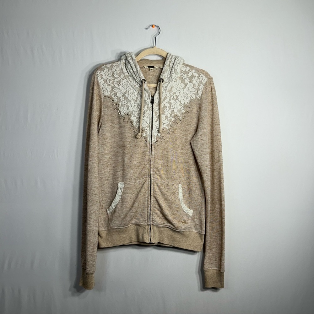 Miss Me CottageCore Boho Embroidered Lace Beaded  Zip Hoodie Sweater  Size M